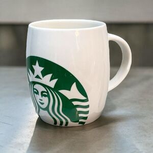 Starbucks 2010 White Barrel Green Siren Coffee Mug Mermaid Logo Ceramic 14 oz